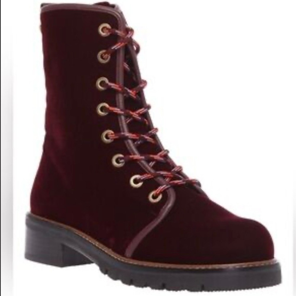 Stuart Weitzman Metermaid Burgundy Velvet Combat‎ Boots NWOB - Size 11.5N